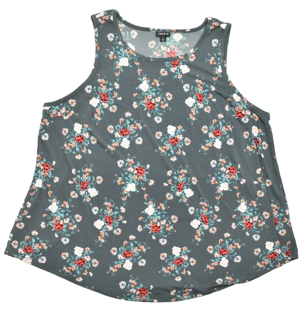 Torrid Size 3 Women's Floral Tank Top Sleeveless Scoop Neck Gray Pink Rose Chall
